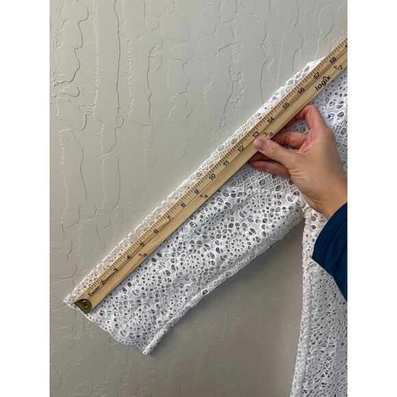 Sandro Paris Sz 6 US 36 FR Maca Eyelet Lace Pleated Skirt Midi Dress White Blue - Picture 11 of 12